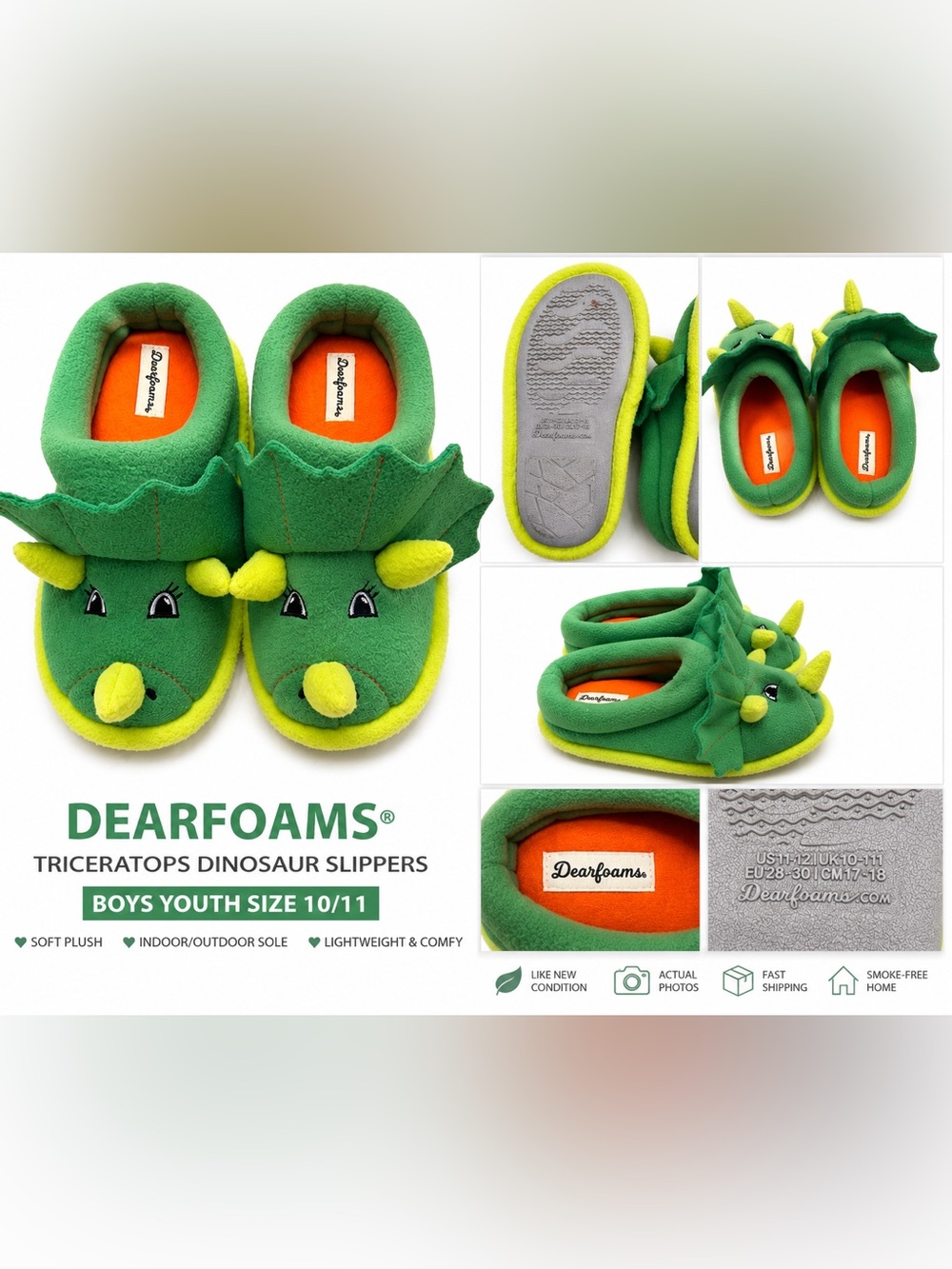 Dearfoam Triceratops Dinosaur Slippers Boys Youth Size 10/11 Green Plush